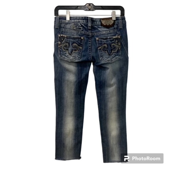 Rerock for Express Womens Blue Patched Denim Frayed Hem Skinny Capri Jeans Sz 0 - Picture 1 of 11